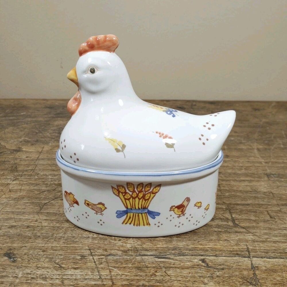 VTG Ceramic Chicken Hen Lidded Dish Candy Trinket Farm Country Cottage Decor 2pc
